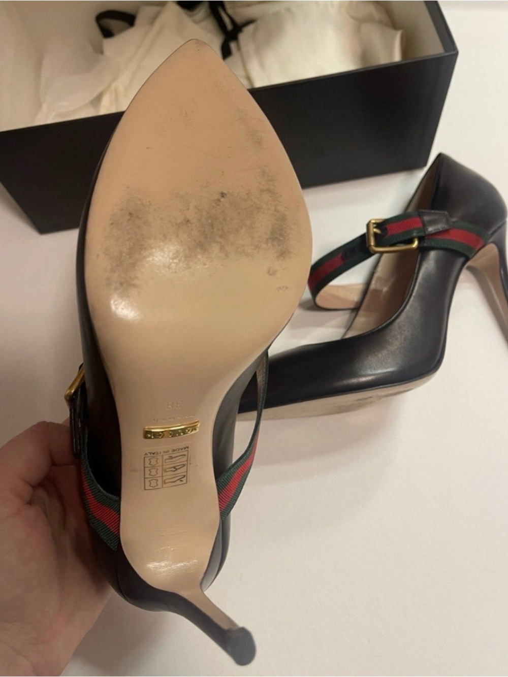 Gucci Black Leather Pointed-Toe High Heels with Signature Web Strap - Picture 12 of 12